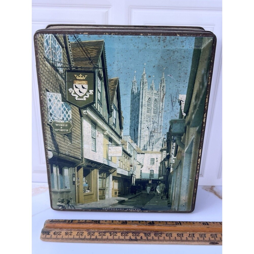 1950s Edward Sharp Toffee Tin Canterbury Cathedral England Vintage Advertising